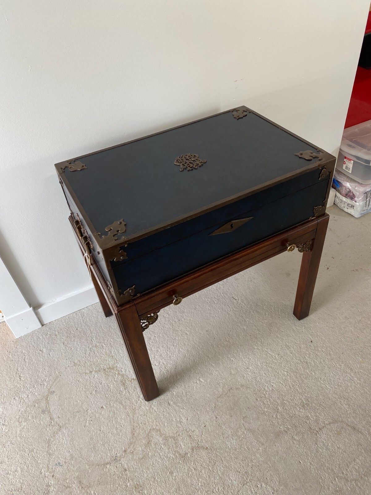 Blue Leather Wood Trunk/Chest On Attached Stand w/Pull Out Tray