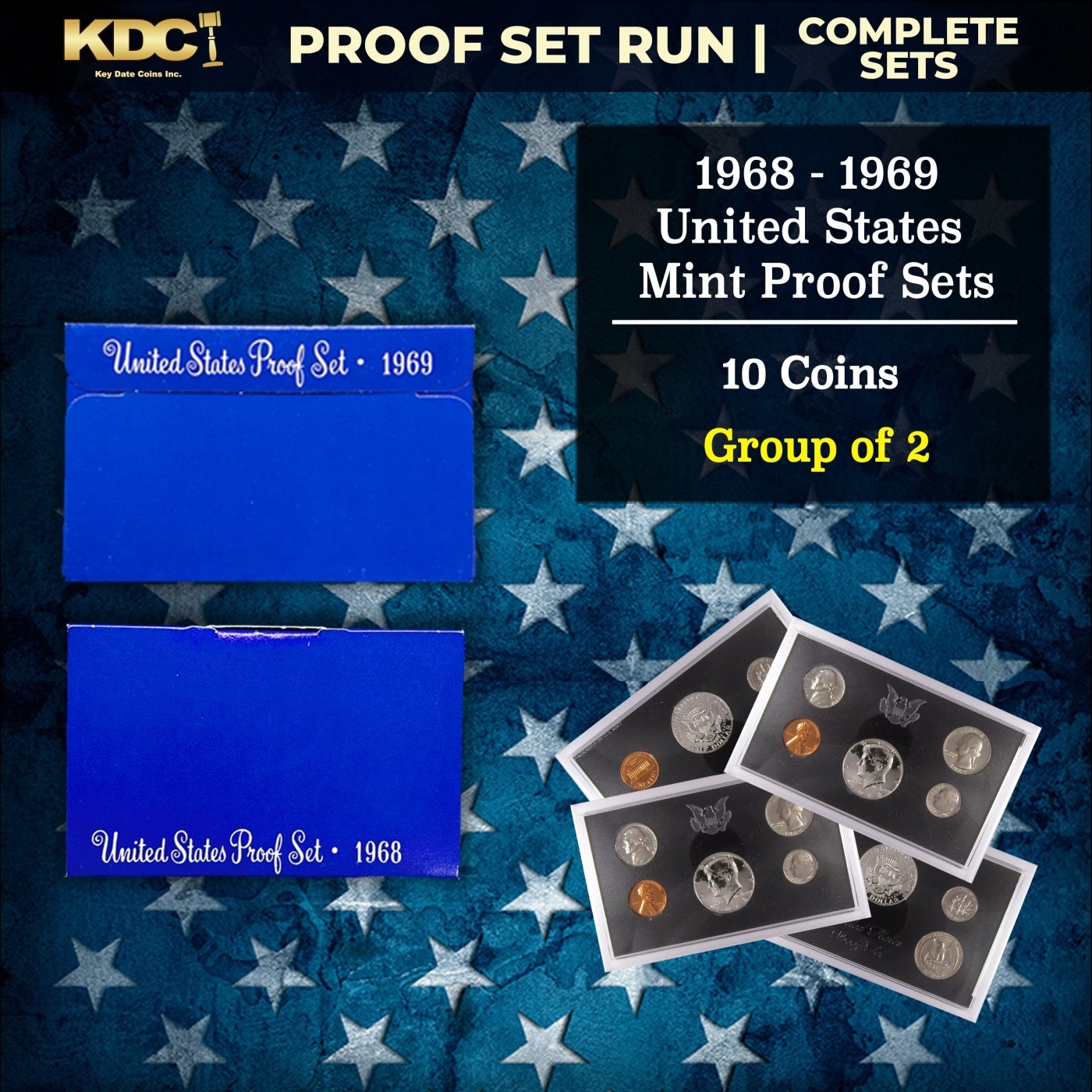 Group of 2 United States Mint Proof Sets 1968-1969 10 coins With Box & COA