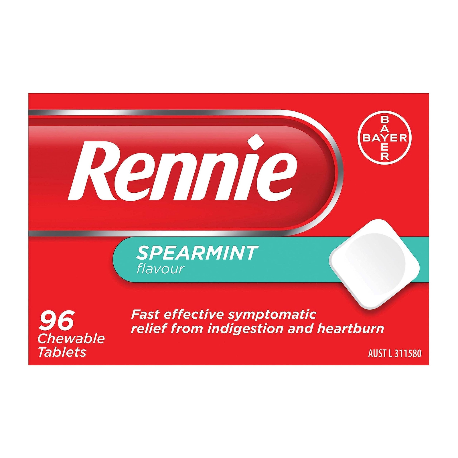 Rennie Spearmint Indigestion Heartburn Relief 96 Chewable Tablets