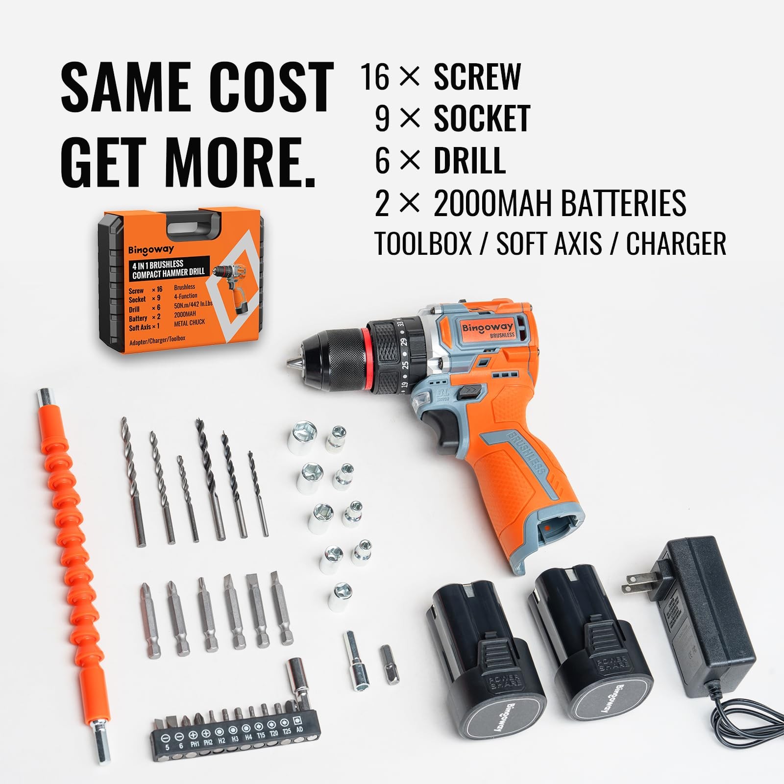 Brushless Cordless Drill Set, 16V 4in1 Electric Drill Driver with Impact Func...