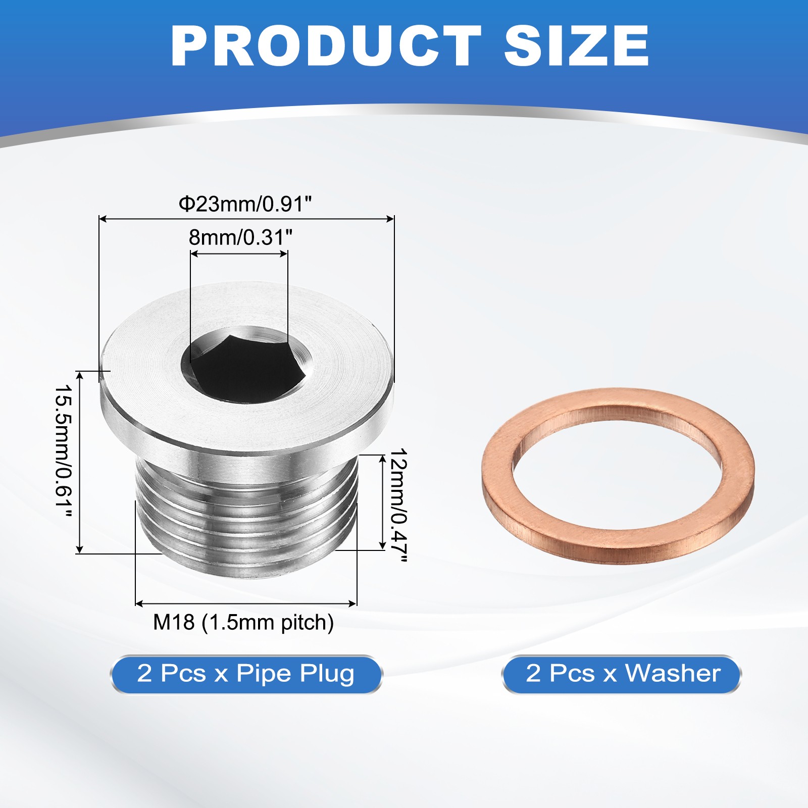 2 Pcs M18 x 1.5 Pipe Plug Fitting, Internal Hex Head Socket 304 Stainless Steel
