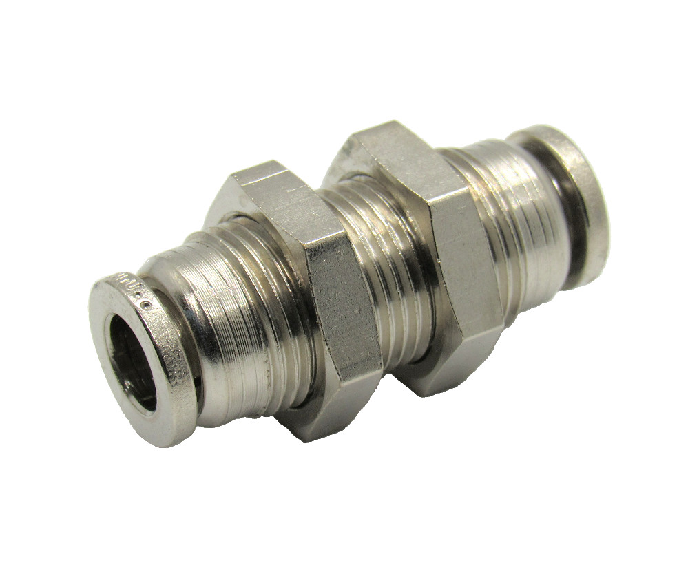 1/2" OD Hose Push To Connect Bulkhead Union Fitting, Nickel Plated Brass