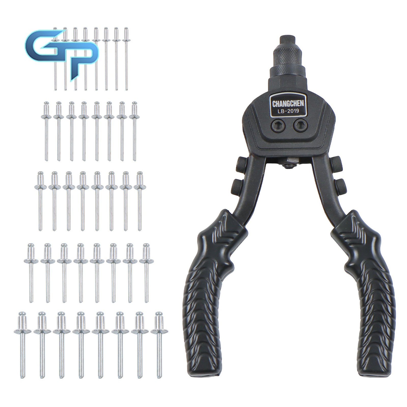 9.5'' Rivet Gun Kit, Pop Rivet Gun Tool with 400 Rivets & 5 Nosepieces 3/32-1/4"