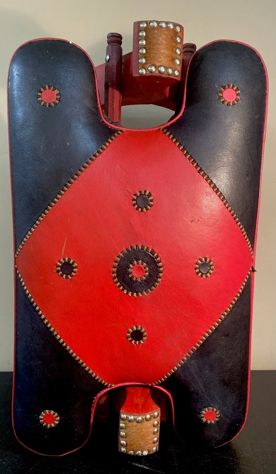 Egyptian Style Camel Saddle Cow Hide Studded Wood RED Leather Seat Foot Stool