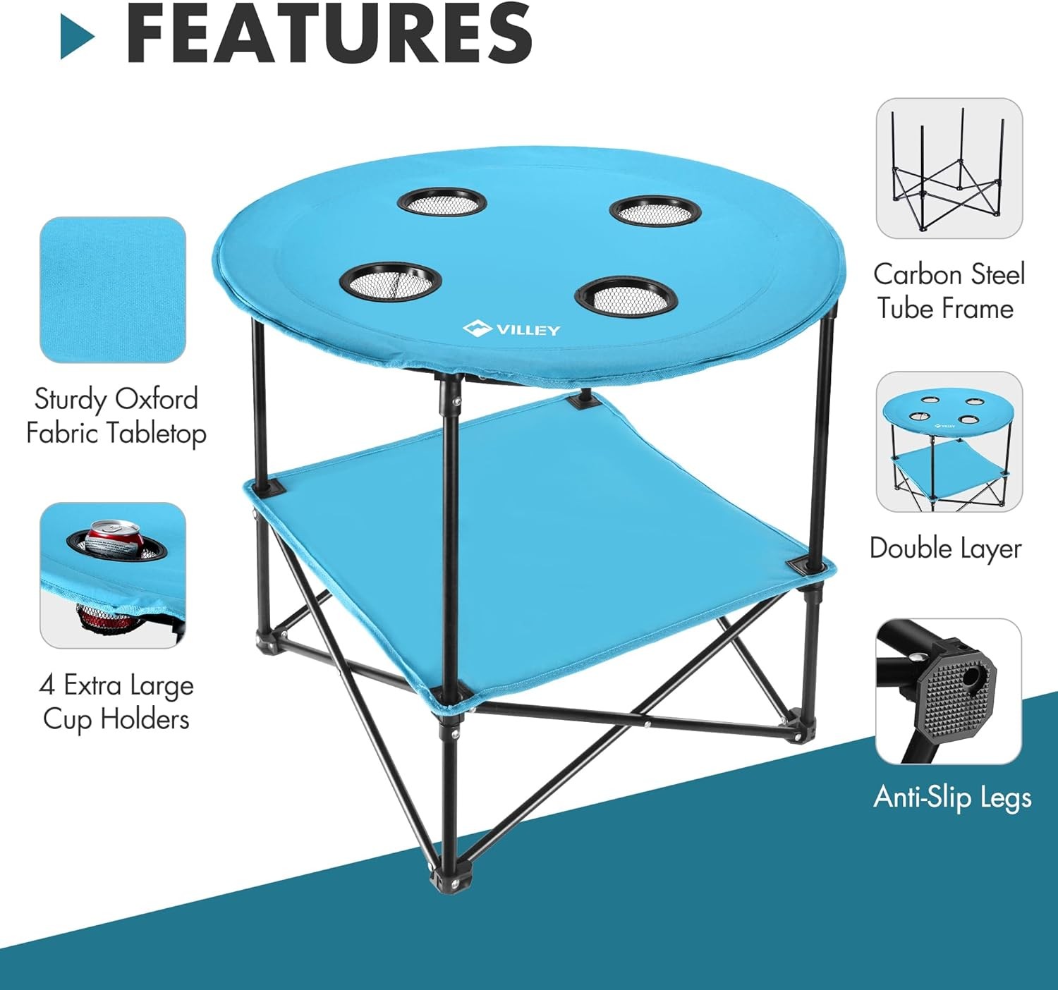 VILLEY Folding Round Camping Table Double-Layer w/4 Cup Holders & Carry Bag US