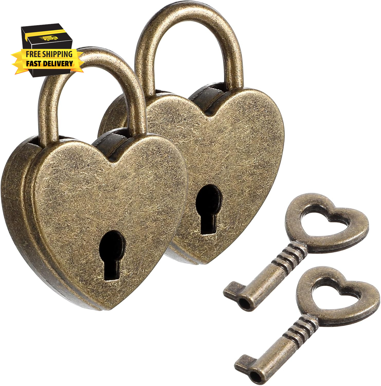 2Pcs Small Heart Locks with Key, Bronze Antique Padlocks for Jewelry Box, Diary,