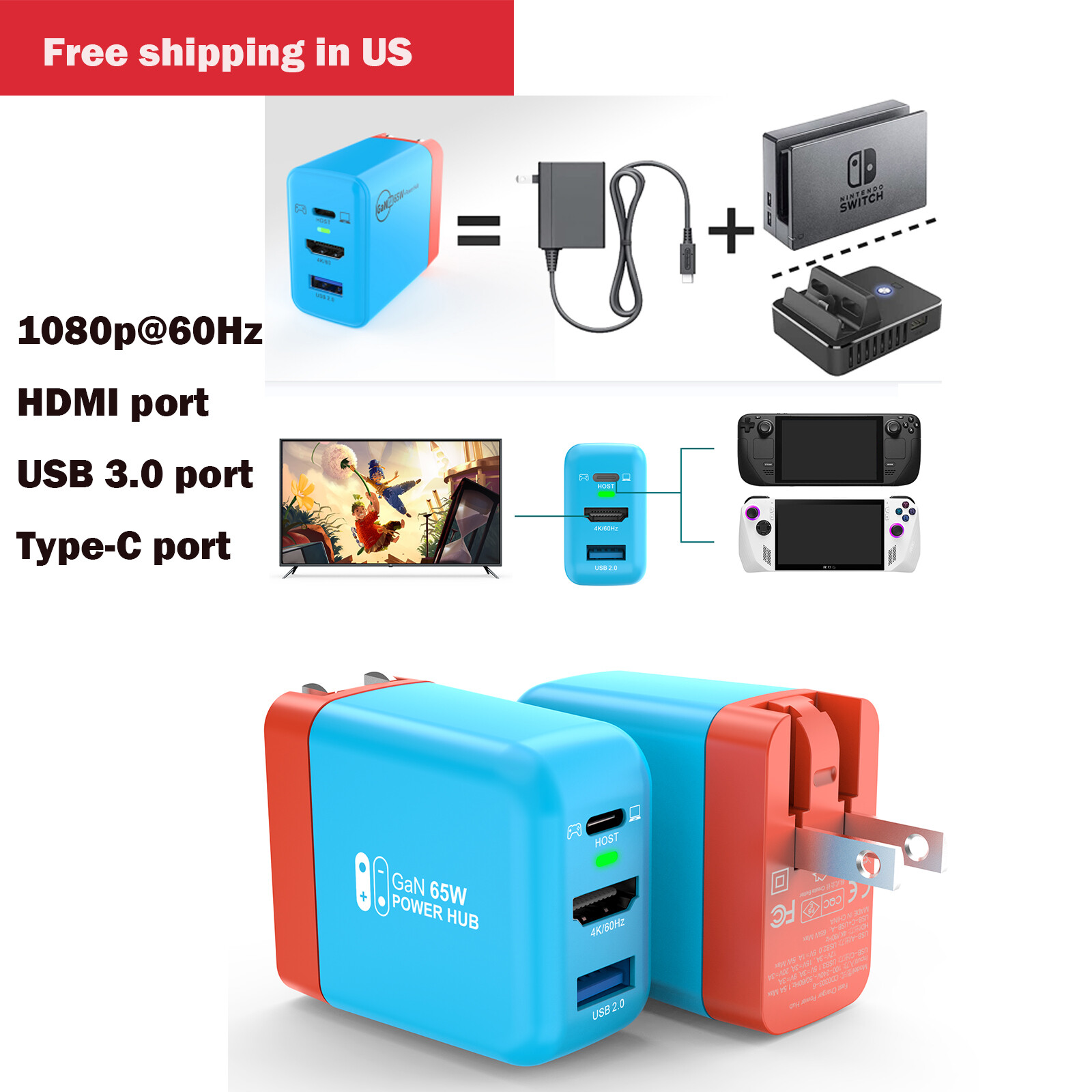 65W Dock  for TV Port & Charging Dock for Switch Steam Deck Rog Ally Android IOS