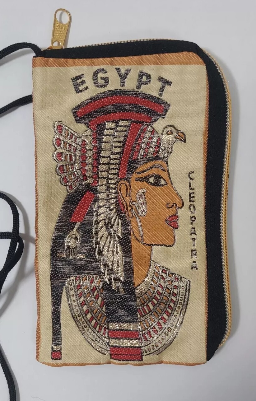 Cleopatra Egypt Embroidered Zippered Coin Cell ID Purse w/ Strap 4" x 6"