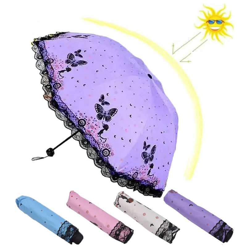 Butterfly Lace Printed Sunshade Umbrella For  Rain Triple Fold Wind