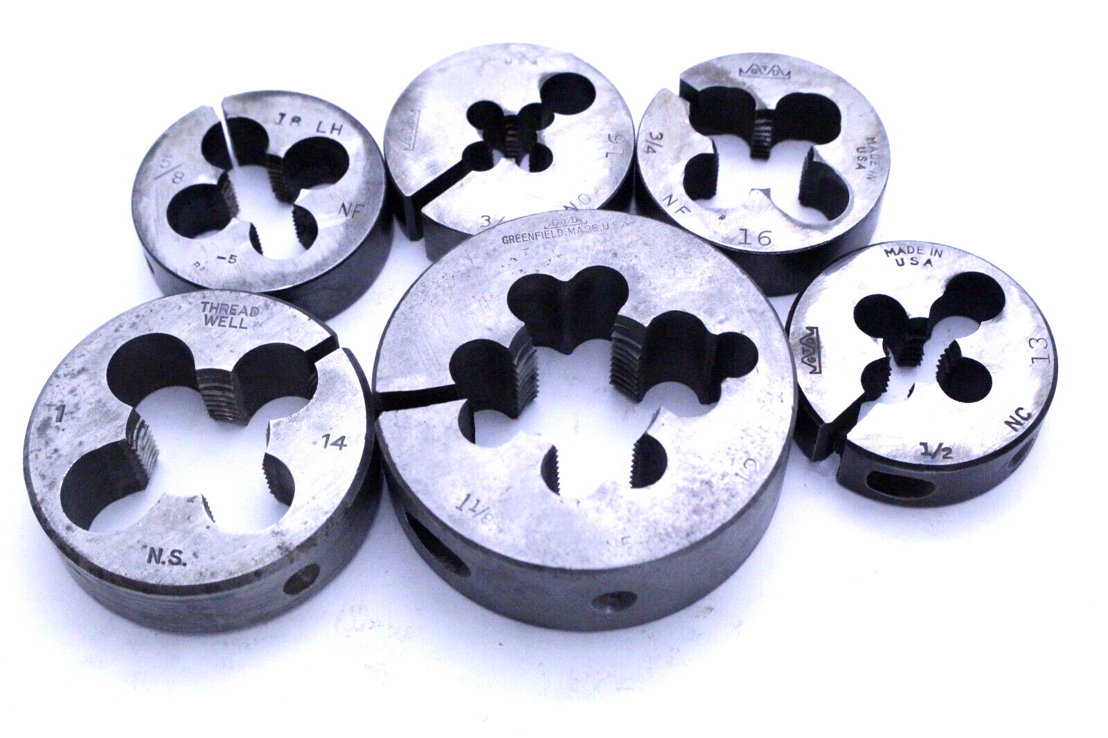 LOT OF 6 ROUND SPLIT DIES 4 GTD, 1 BAYSTATE, 1 THREAD WELL SEE SIZES BELOW