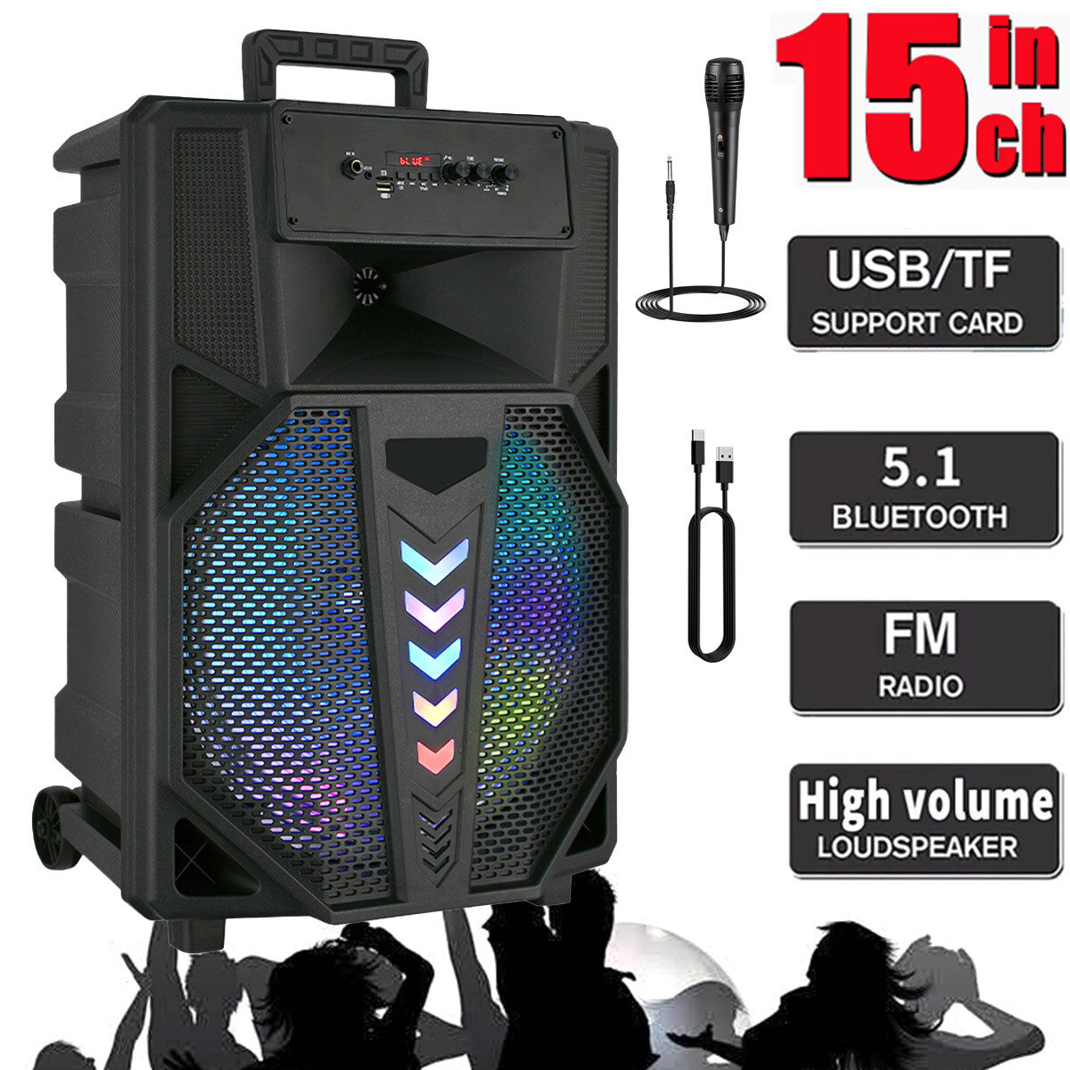 Portable 15” Bluetooth Speaker Subwoofer Heavy Bass Party DJ System Mic AUX FM