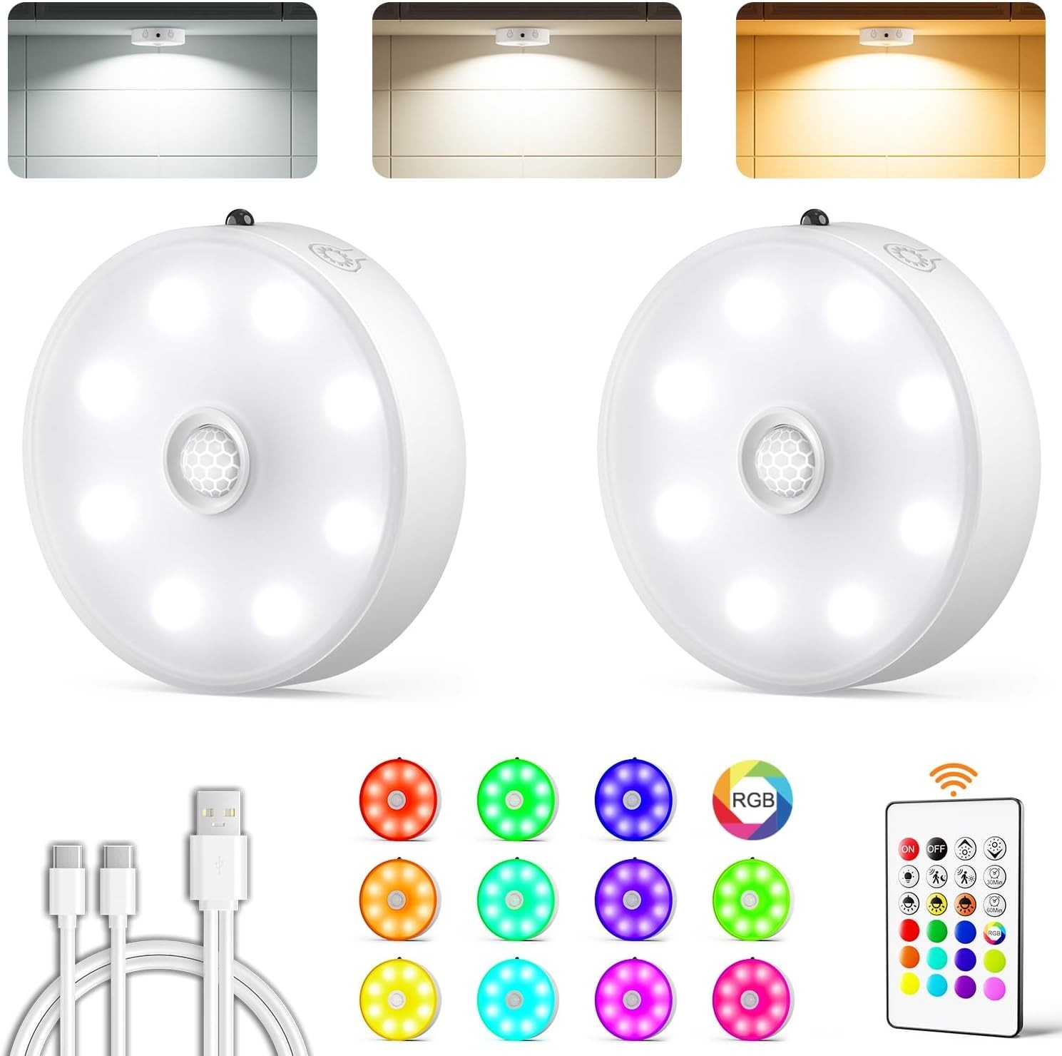 Luces led recargables gabinete 3 colores 12 rgb sensor movimiento remoto cocina