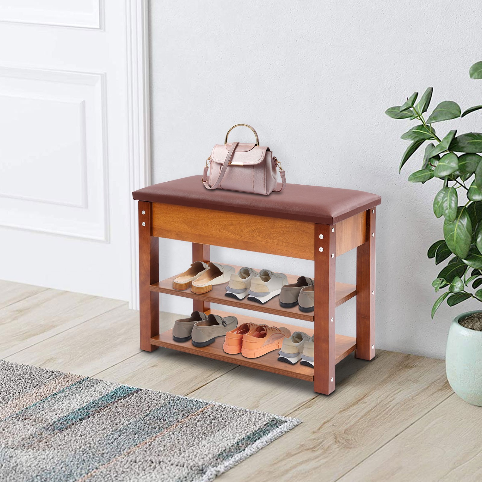 2-Tier Brown Shoe Bench Entryway Shoe Storage Bench Shoe Storage Bench