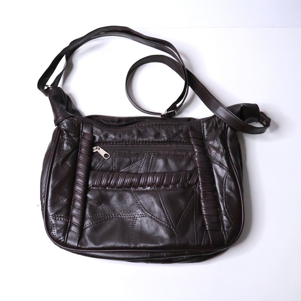Dark Brown Smooth Leather* Patchwork Bag Purse Zip Pockets Minimalist Boho Chic