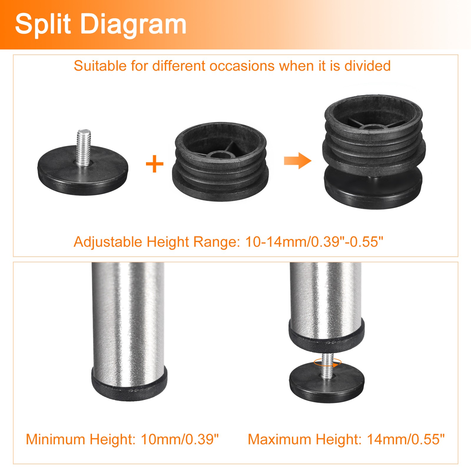 4Pcs Inserts for Round Tubes with Leveling Feet, for 50mm/1.97" OD Round Tube