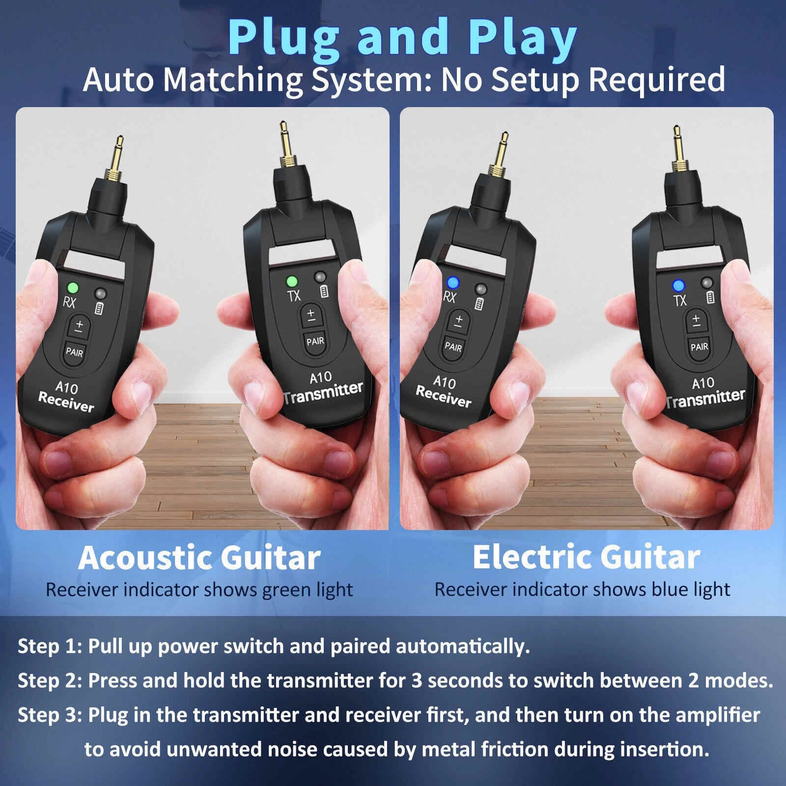 2.4GHz Wireless System Transmitter Receiver For Electric Guitar 100ft Range