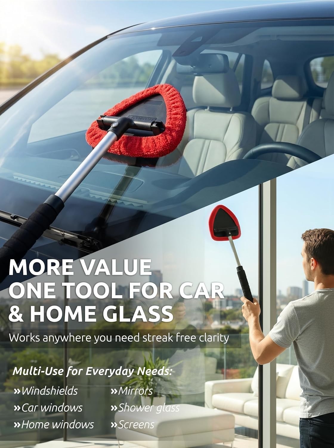 Windshield Cleaner Tool Extendable Long Handle Pivoting Head Microfiber Bonnets