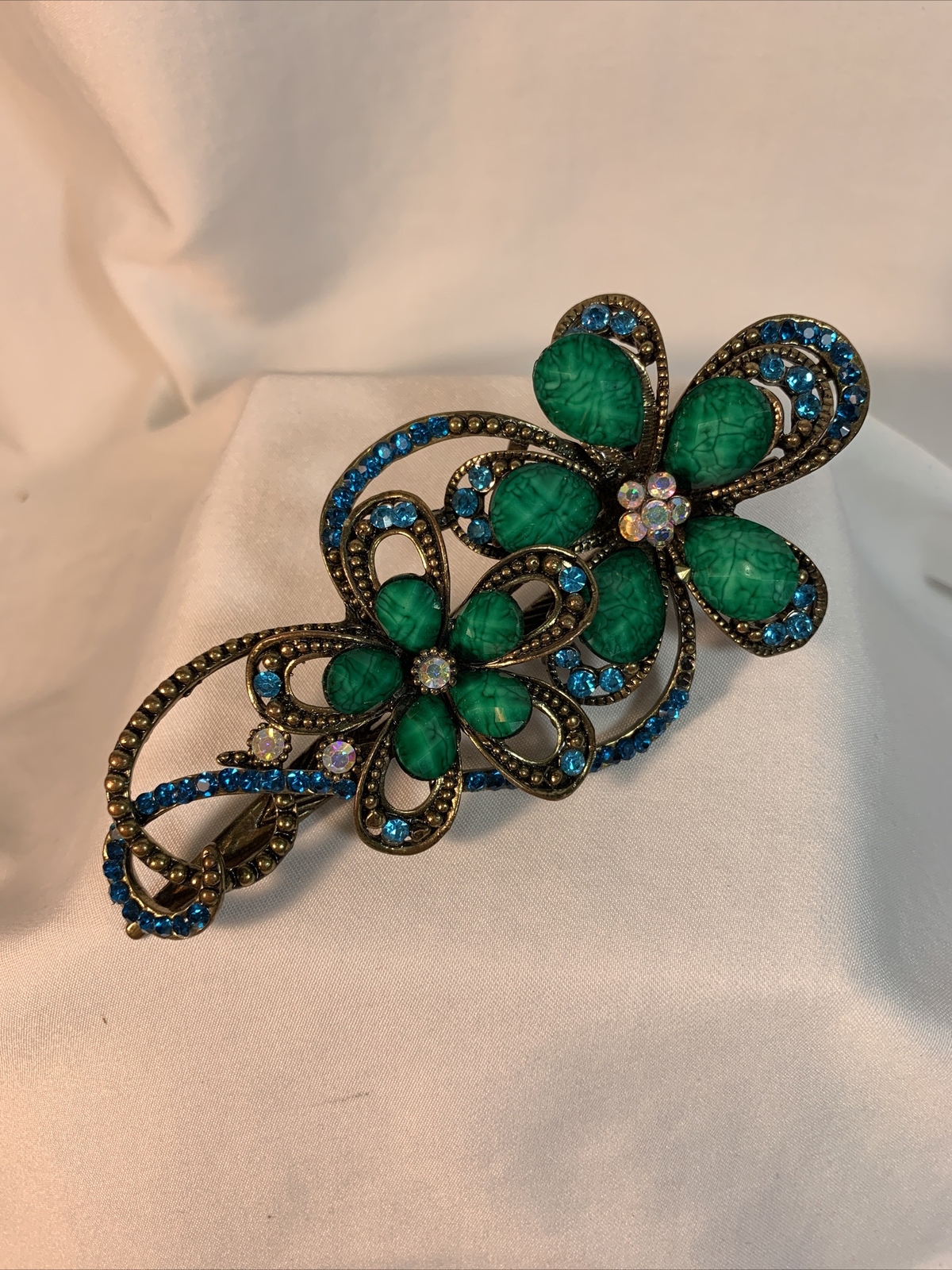 Beaded Bejeweled Retro Green/Blue Burnished Gold 4" Hair Clip