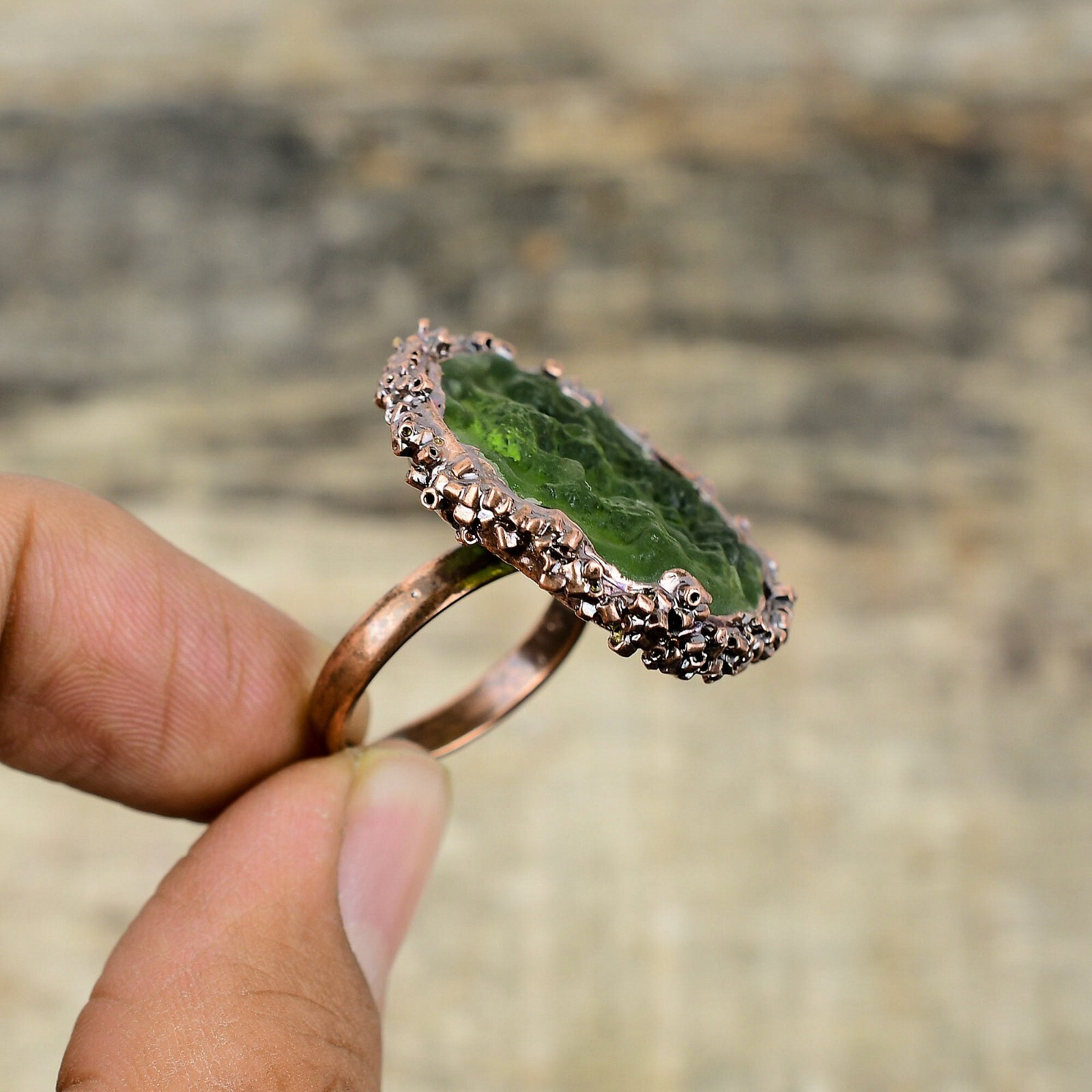 Moldavite Electroformed Solitaire Adjustable Ring Size Adjustable Copper