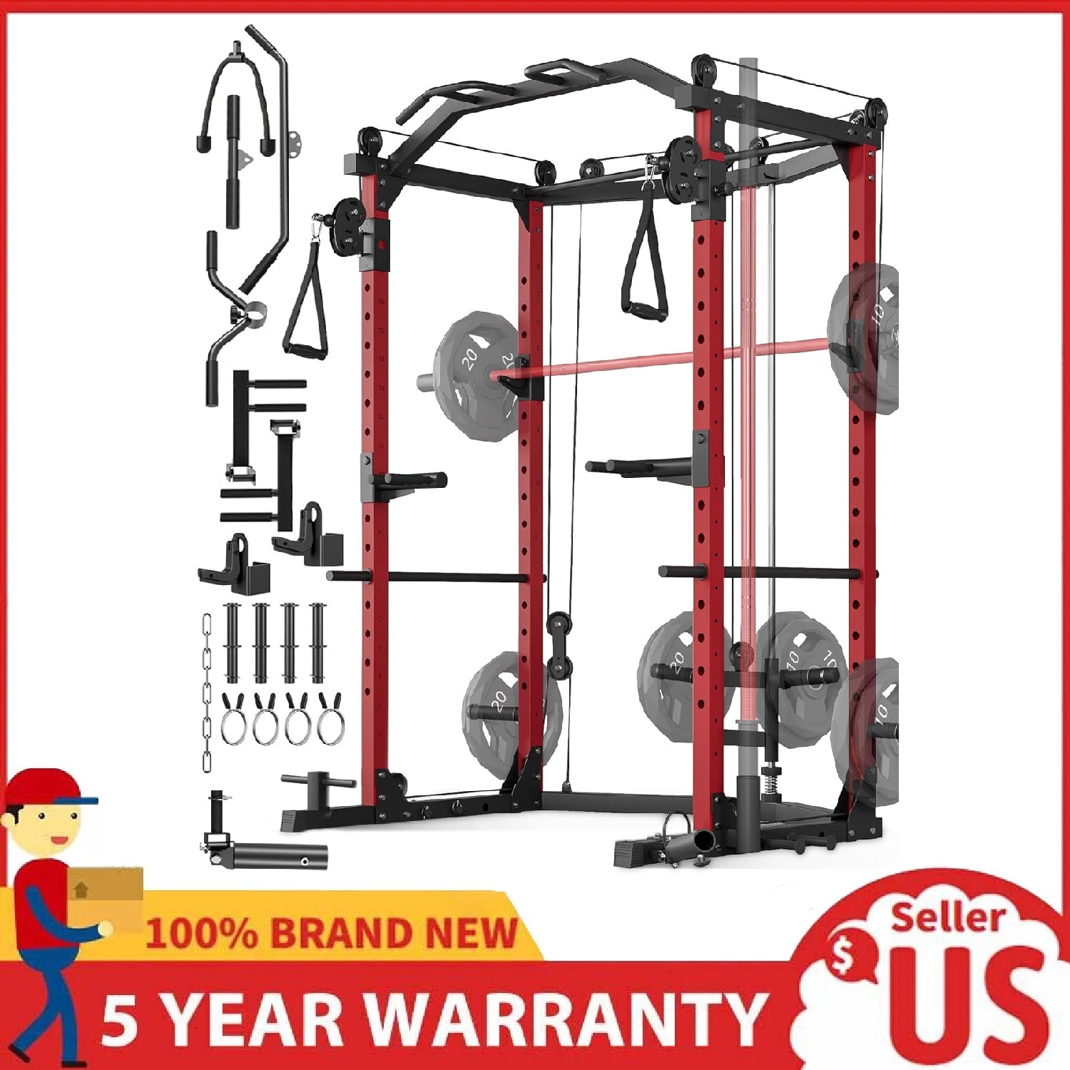 Power Cage Multi-Function Power Rack with Pulley System Home Gym Workout Machine