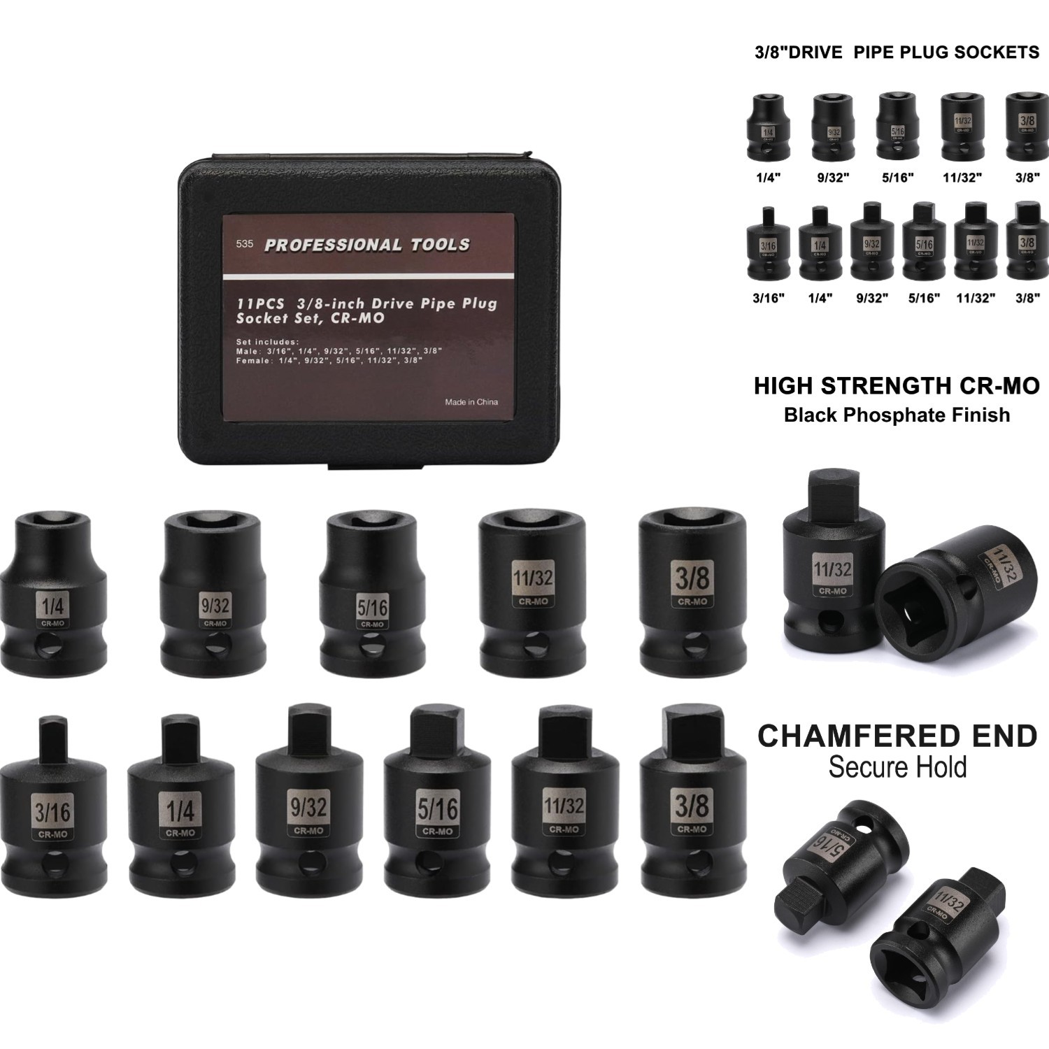 3/8" Drive 11Pc SAE Pipe Plug Impact Socket Set Tapered Male Female Square Drive
