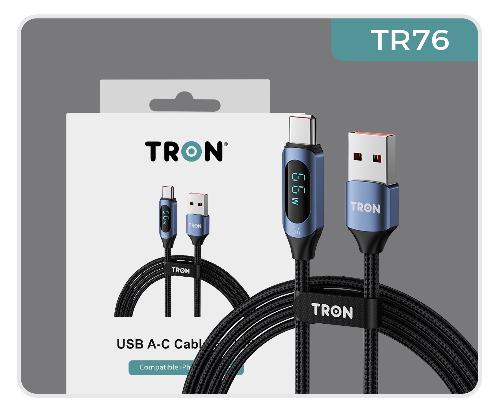 TRON USB A-C Digital Display Braided Charging Cable 6A | 5FT