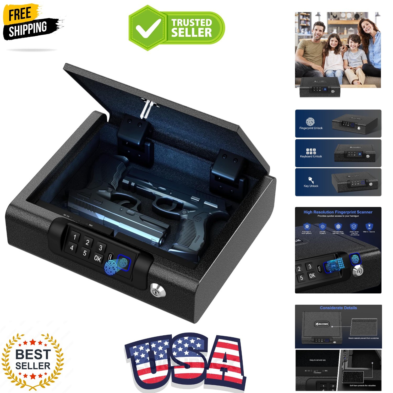 Biometric Gun Safe for Pistols 3-Ways unlock Fingerprint Digital PIN Key Unlo...