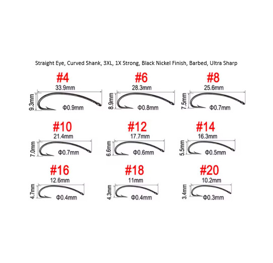 Fly Tying Hooks Model 200 Curved, 3XL, 1X Strong, Black Nickel Finish, Qty 50