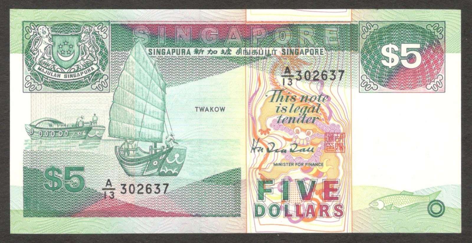 Singapore 5 Dollars Ship Twakow Thomas de La Rue P-19 1989 aUNC