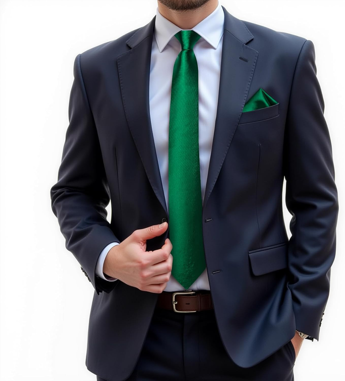 Mens Solid Color Tie and Pocket Square Set Woven Silk Plain Emerald Green
