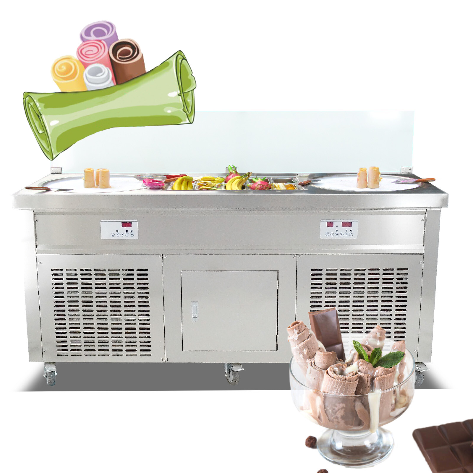 Kolice double round pans fried ice ceram machine with 10 pcs refrigerated tanks