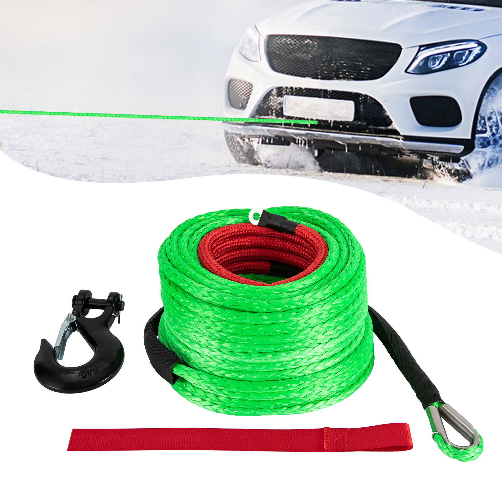 3/8x100" Synthetic Winch Rope with Hook Winch Cable 30.48m/100ft 23809 lbs NEW