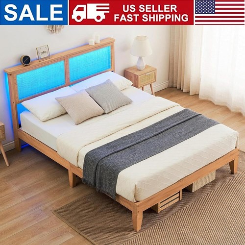 Bed Frame Wooden Board Bed New Structure RGB LED Grass And Rattan Bed Queen