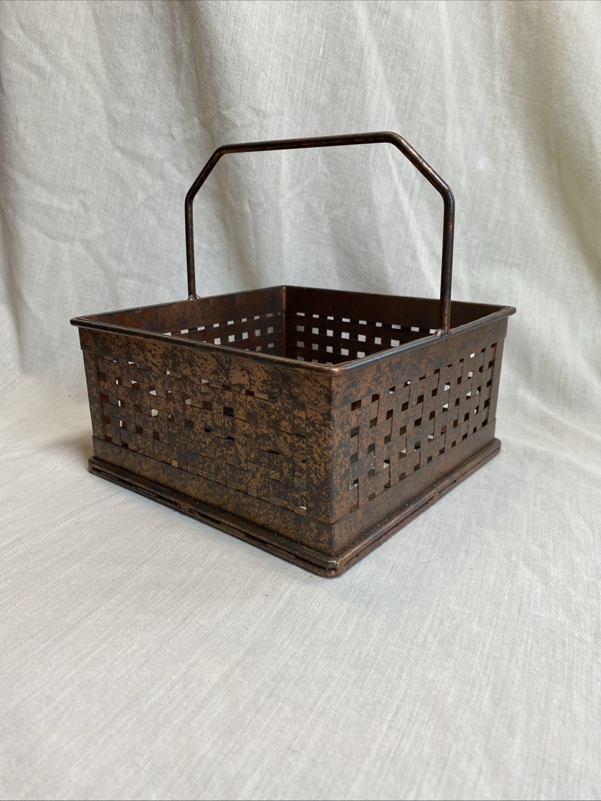 Copper Tone Metal Square Handled Basket 7” Decor Storage Rustic