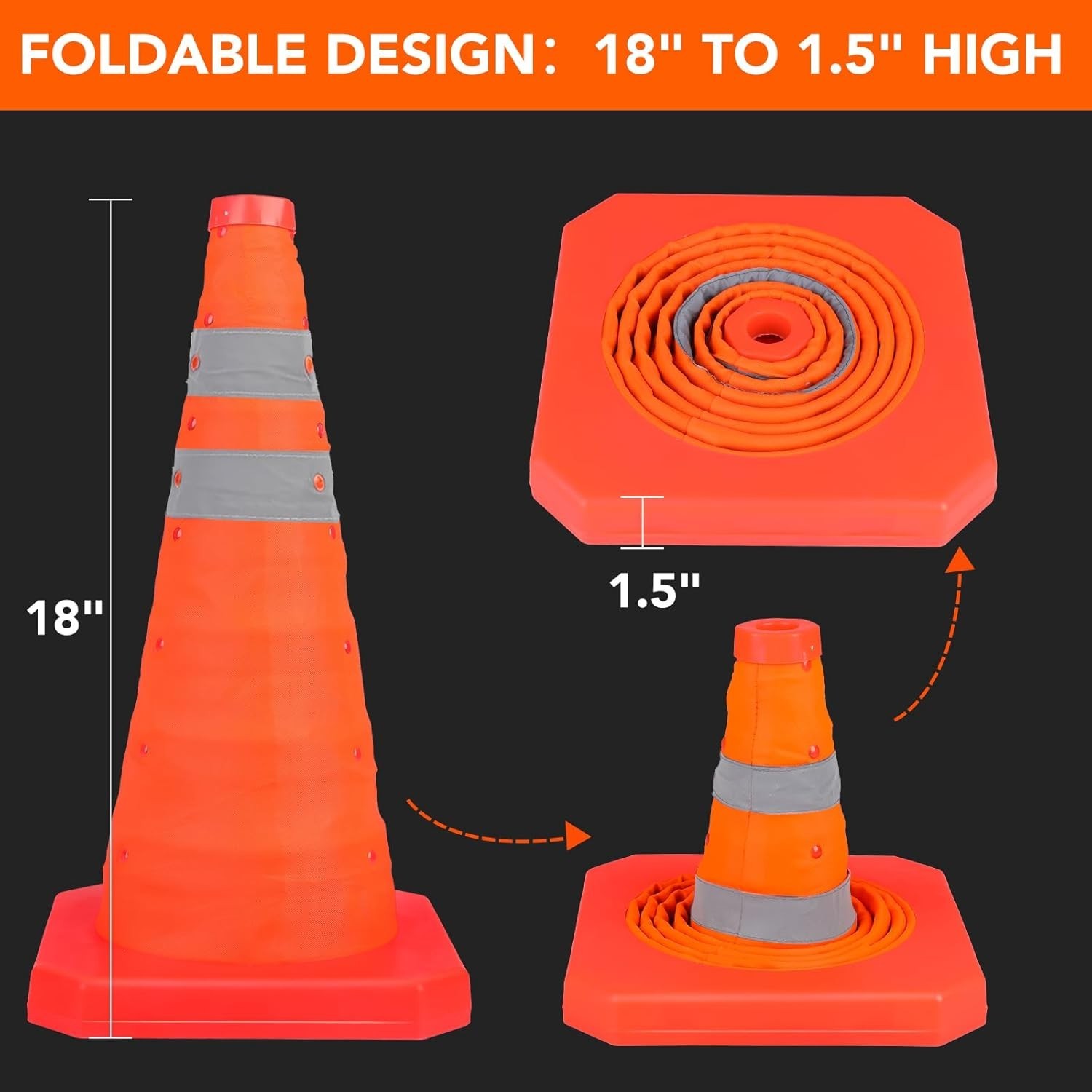 18 Inch 6 Pack Traffic Cones,Collapsible Safety Cones,Multi Purpose Pop-Up Cones
