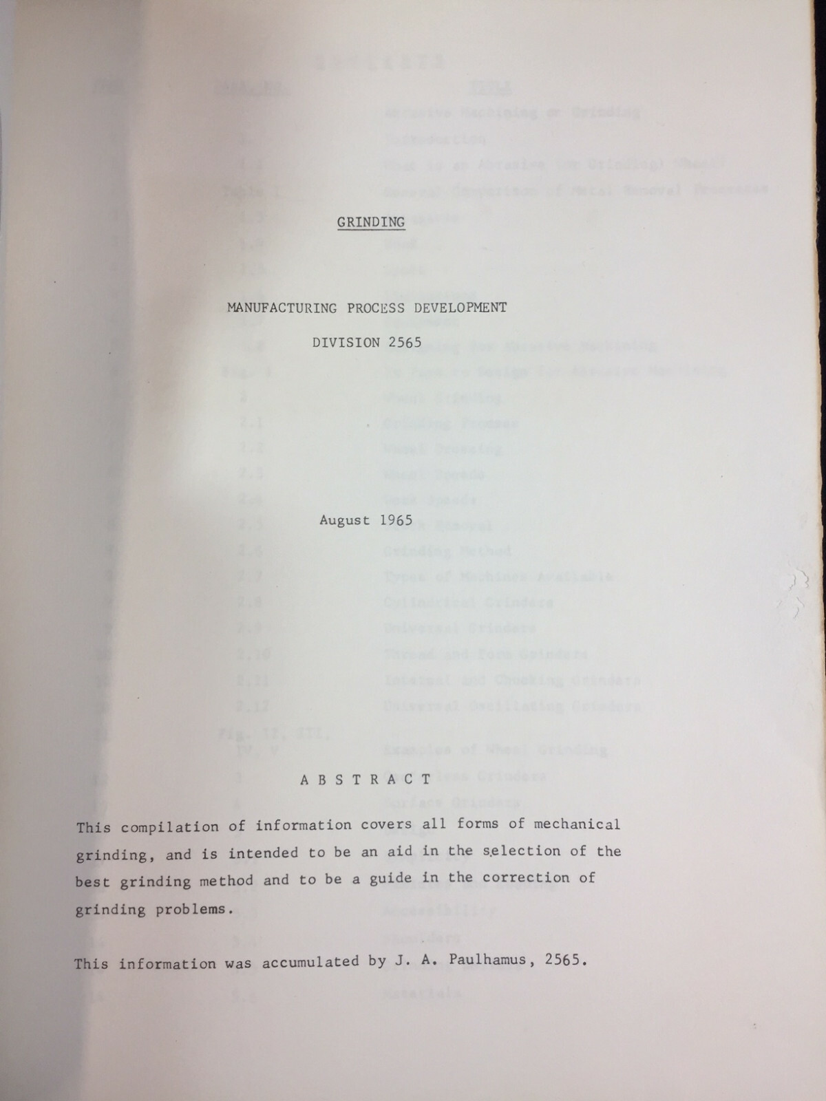 VINTAGE 1965 STUDY," GRINDING, MANUFACTURING PROCESS DEVELOPMENT", SANDIA CORP