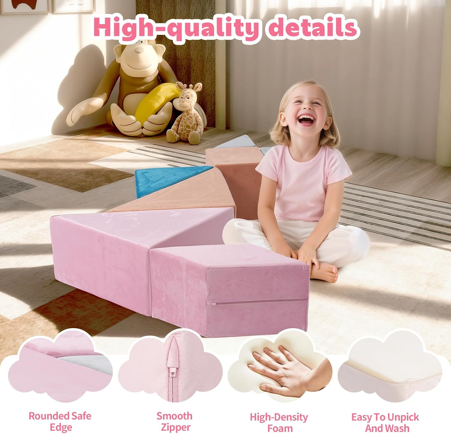 Colorful Modular Kids Play Couch with Tangram Puzzles & Ball Pit (Pink)