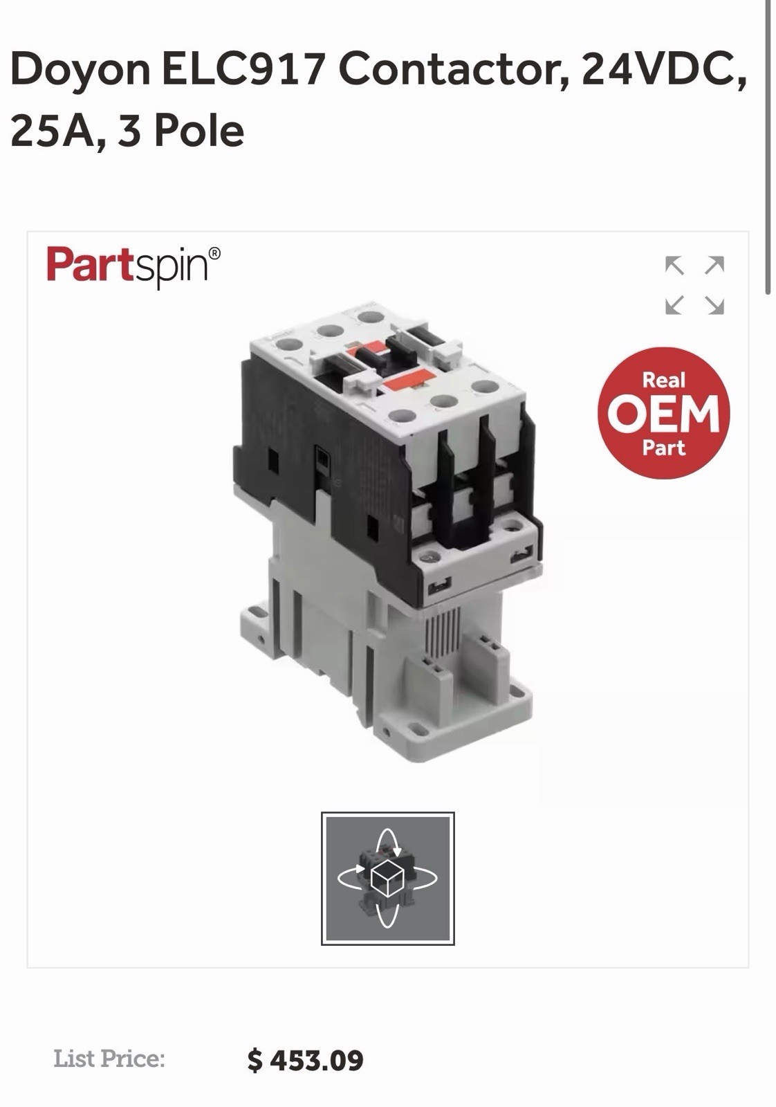 Doyon ELC917 Contactor, 24VDC , 25A, 3 Pole. New