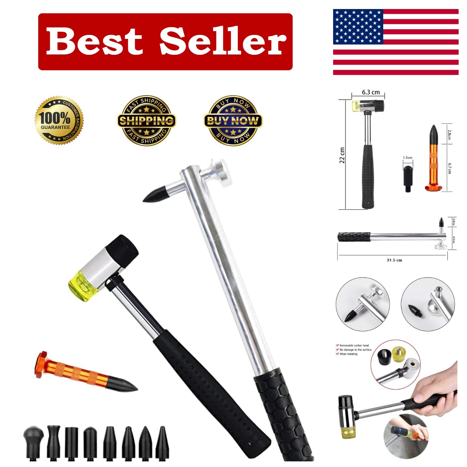 12PCS Paintless Dent Repair Tools Aluminum Dent Hammer with Knock Down Head T...