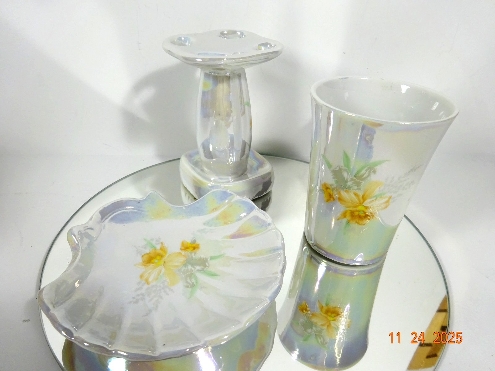 Vtg 3 Piece Bathroom Set Opalescents Yellow Flowers Japan Interpur Porcelain