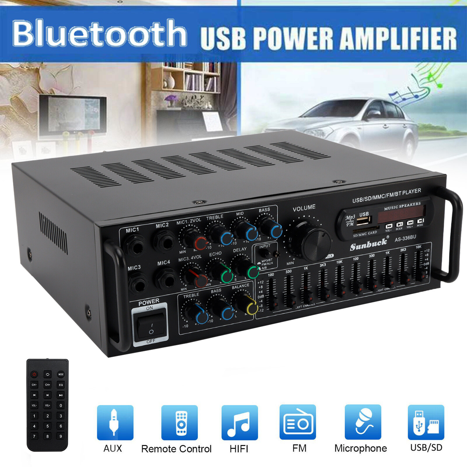 Sunbuck 2000W Stereo HiFi Power Amplifier Bluetooth 5.0 Karaoke FM USB EQ AUX EP