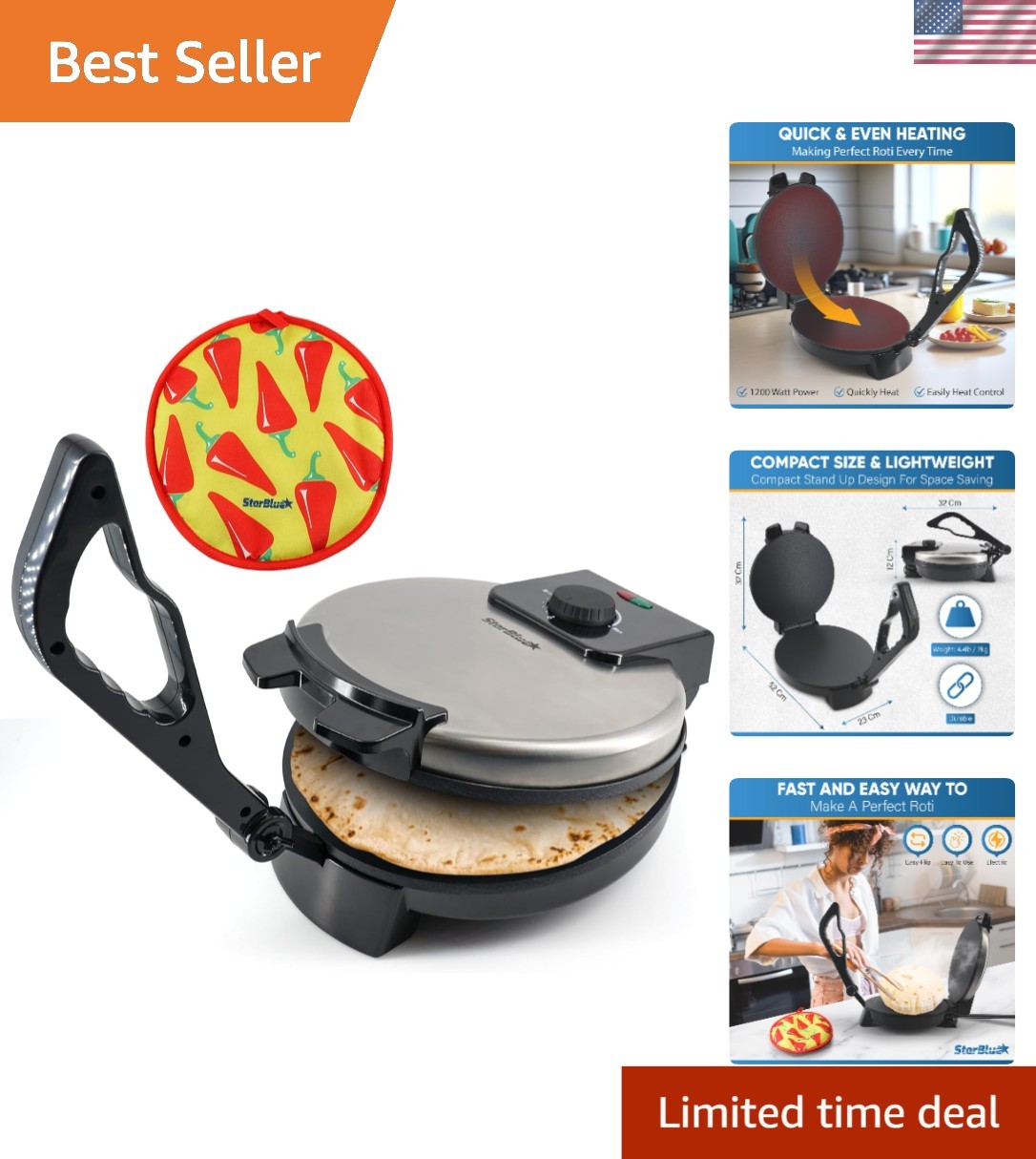 Electric Roti Maker 10-Inch - Includes Roti Warmer, Removable Handle, Easy Use