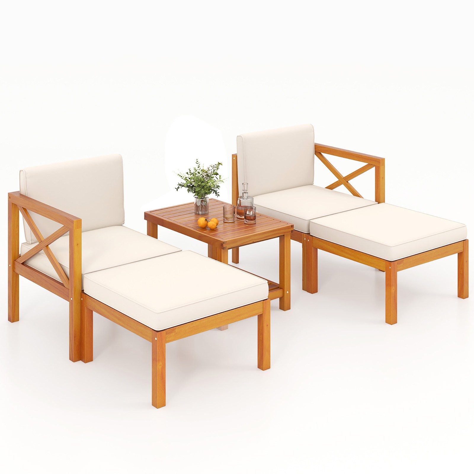 5 PCS Acacia Wood Patio Chaise Lounge Chair Set w/ 2-Tier Coffee Table Cushions