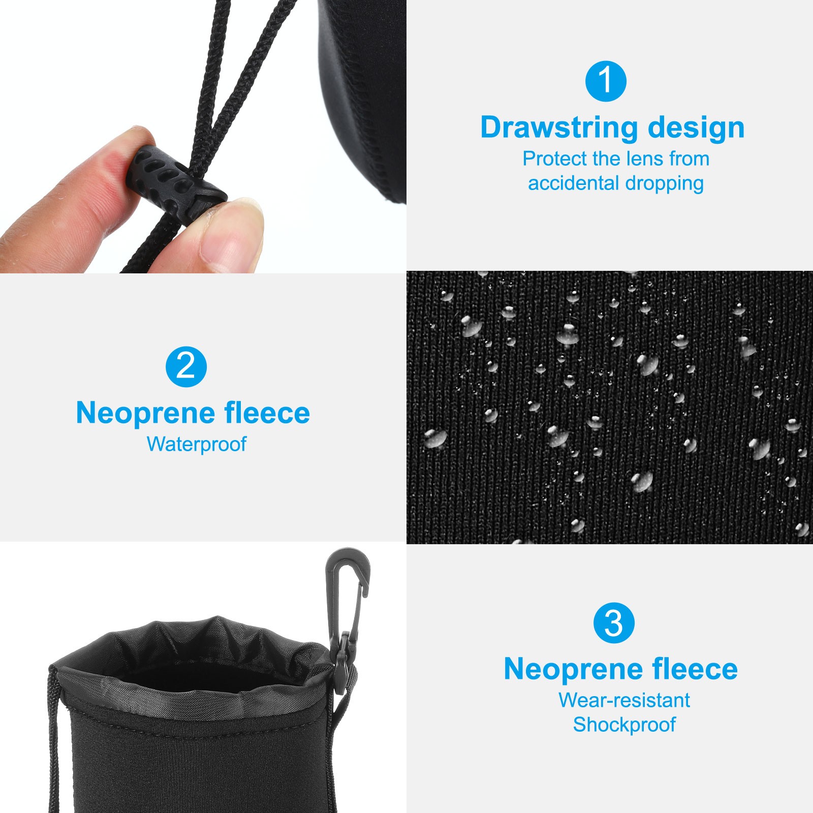 4 Pcs 3.7" ID x 7.1" H Drawstring Lens Pouch Black