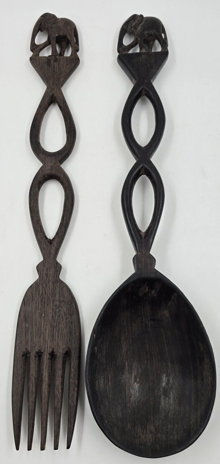 Hand Carved Wooden Elephant Serving Salad Spoon & Fork Set Dark Brown
