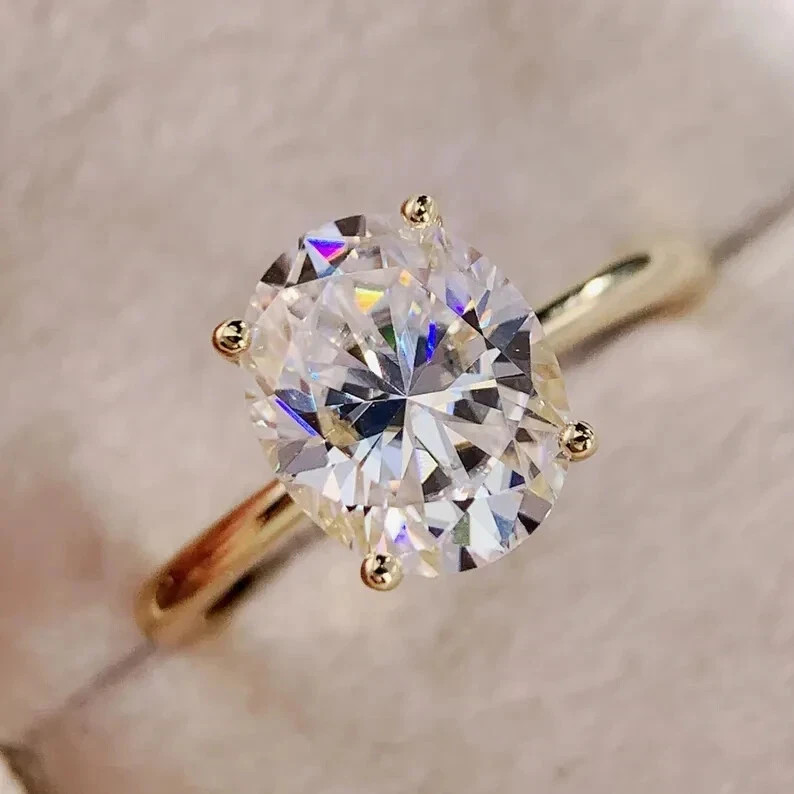 3.70 Ct White Moissanite Oval Cut Solitaire Engagement Ring 14K Yellow Gold FN
