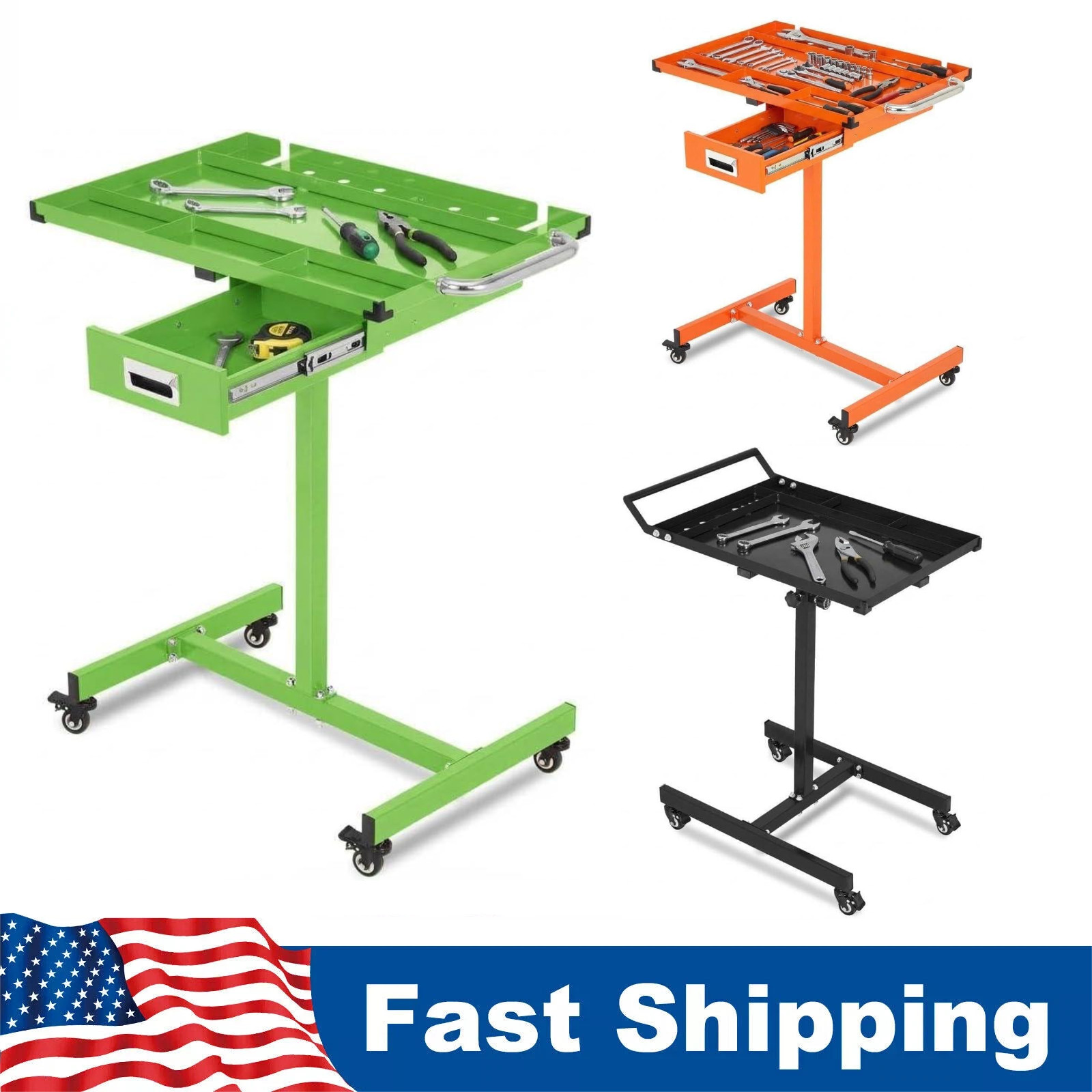 ⭐Rolling Tool Tray with Wheels Adjustable Height Mobile Work Table 300Lb Capacit