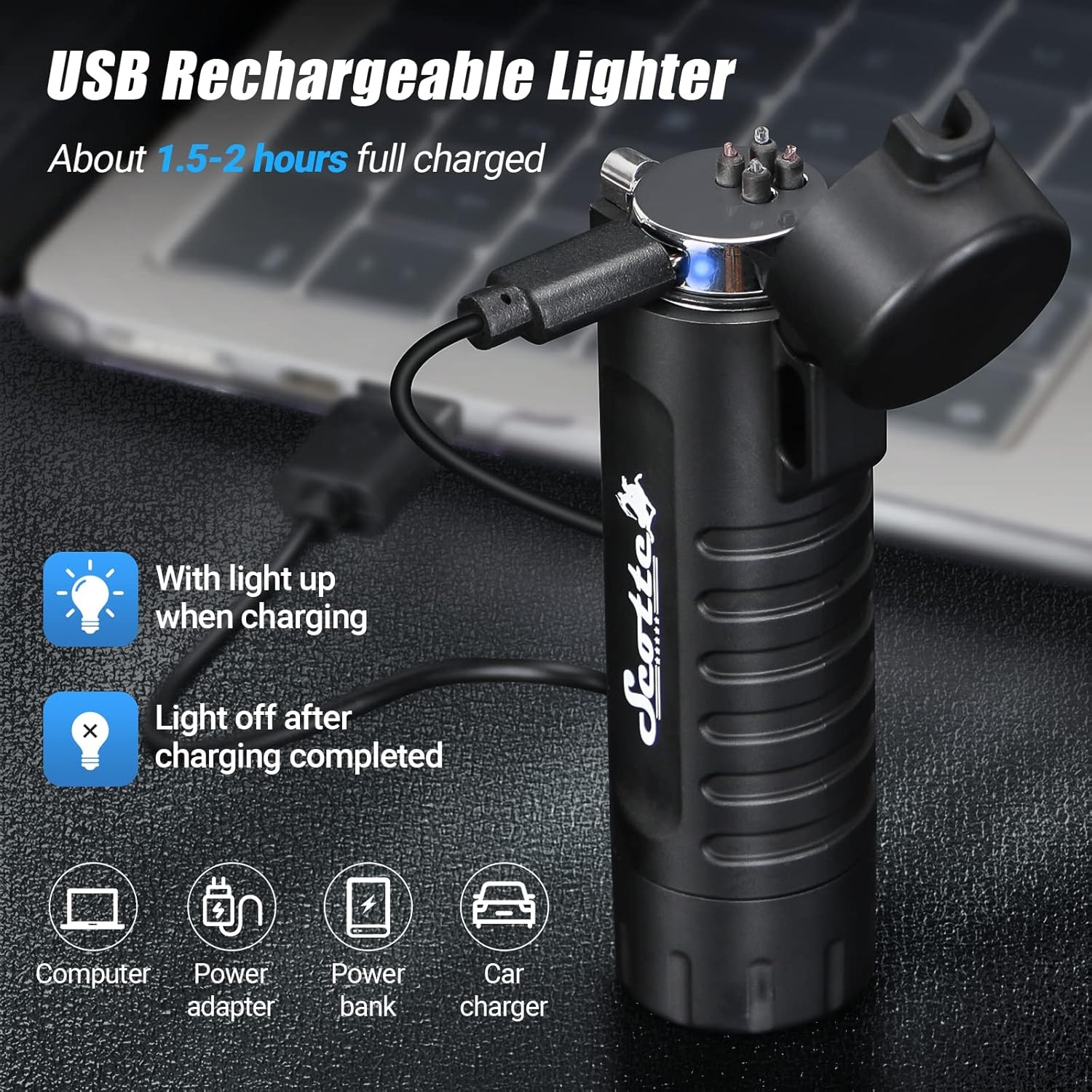 Scotte Plasma Windproof arc Lighter Electric and LED Flashlight Black
