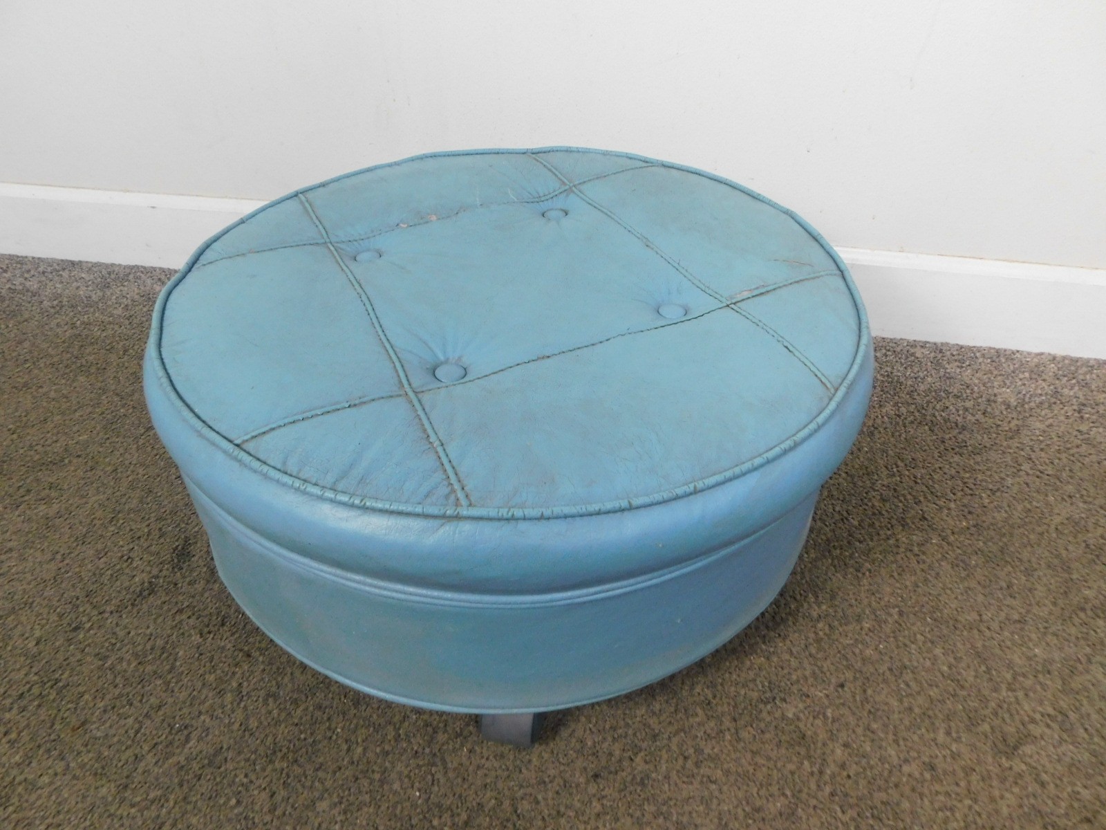 70s Retro Blue MCM Tufted Large Round 24" Ottoman Footrest Footstool Wheels READ