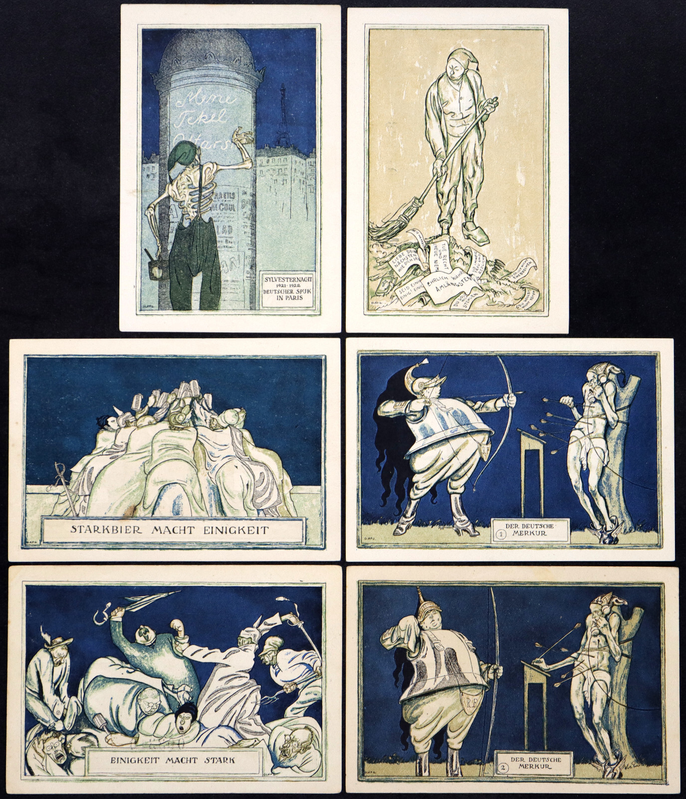 KAHLA 1921 Olaf Gulbransson art! "German Ghost in Paris" Complete Series Notgeld